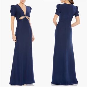 Leena Mac Duggal Navy Plunge Neck Beaded Cut Out Column Gown 4 Wedding Guest